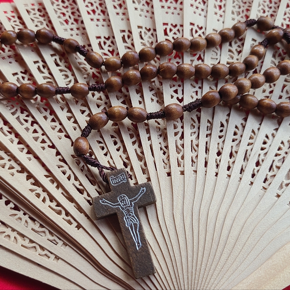 Estate Brown Wooden Bead Rosary Necklace